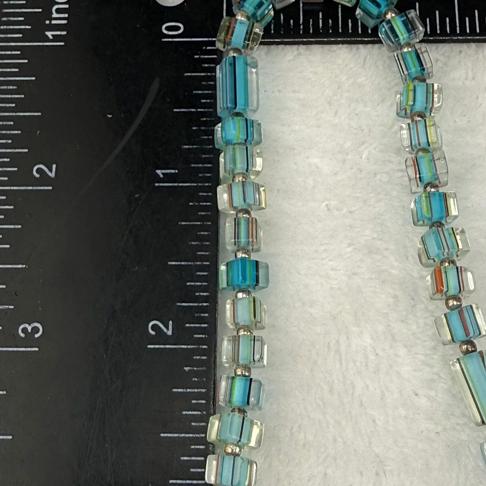 Vintage Handmade Necklace Blue Striped Glass Beaded Square Boho 18
